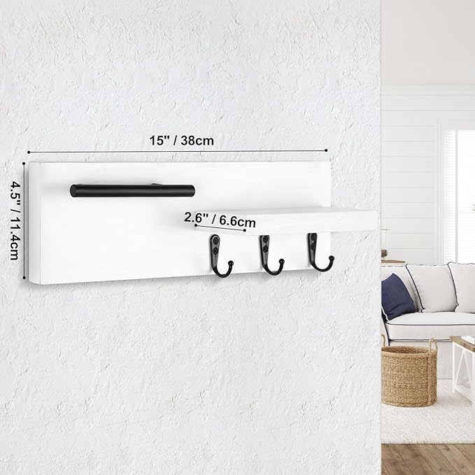 Key Holder for Wall, Decorative Entryway Shelf with Hooks Holds Keys, Dog Leash, Sunglasses – Key Hanger with 3 Hooks Organizes, Enhances Home Decor (15” x 4.5” x 2.6”) (White)