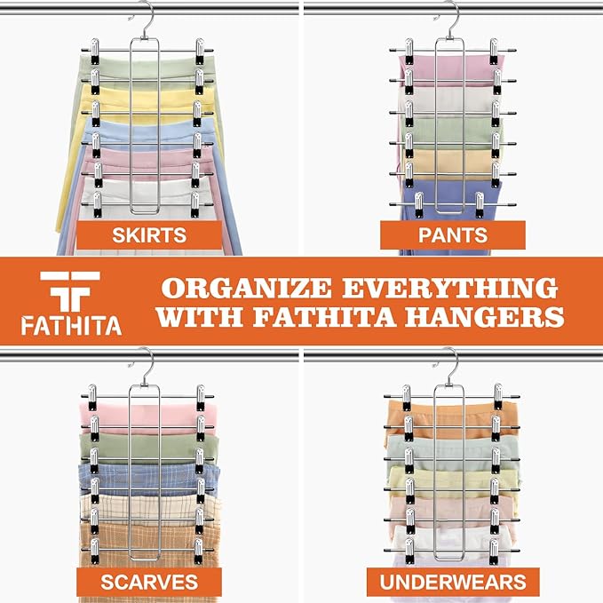 6-Tier Space Saving Pants Hangers with Clips, Multi-Functional Skirt & Jean Organizer for Small Closets, Dorm Room Essentials, 2 Pack Metal Clothes Storage