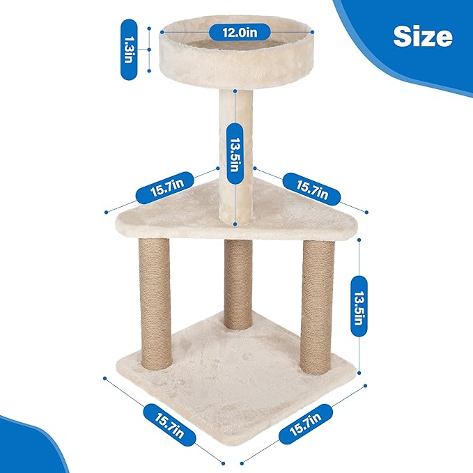 Simple Deluxe Cat Tree Tower with Sisal Covered Scratching Post, 31.8 Inches 3 Layers Cat Tower with Plush Perches for Indoor Cats, Beige