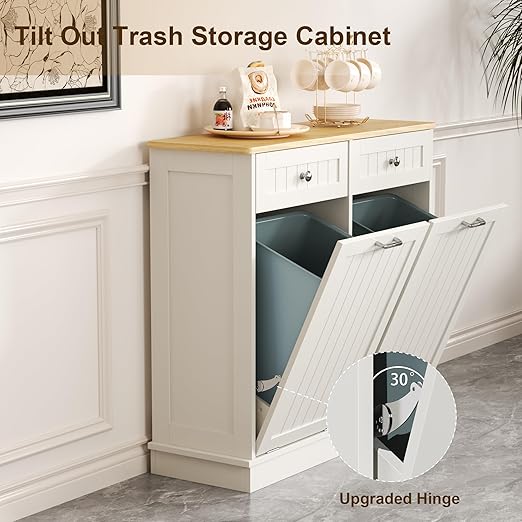 Tilt Out Trash Can Cabinet Dog Proof with Double Wood Hidden Holder, Kitchen Free Standing Recycling Cabinet(White)