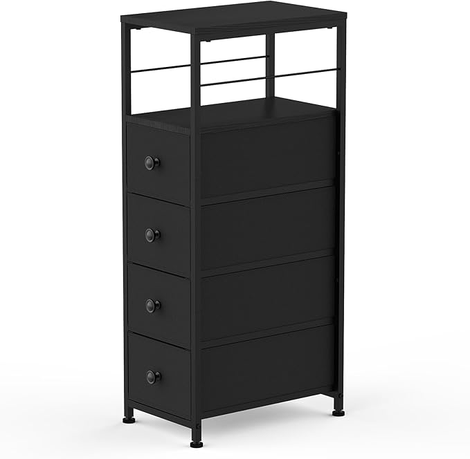 YBING Narrow Dresser for Bedroom, Slim Chest Organizer Nightstand, 4 Fabric Drawers with Wood Shelf, Side Tables for Small Spaces, Black