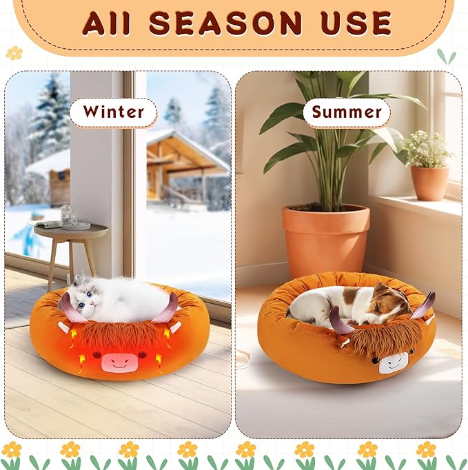 Highland Cow Heated Cat Bed - Cute Round Dog Bed for Winter, Warming Pet Bed for Indoor Cats & Small Dogs, Washable Calming Nest with Heating Pad & Timer, Cow Pet Heating Pad for Cats and Dogs