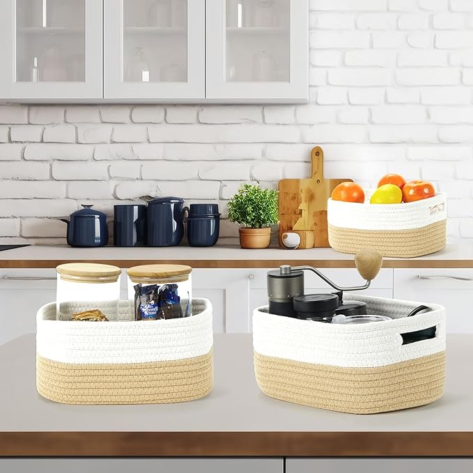 Bidtakay Small Cotton Rope Storage Baskets for Organizing 3 Pack Woven Baskets for Storage Closet Organizer Bins for Shleves 11.8×7.8×5 inch Cute Boho Decorative Basket with Handles - White&Beige