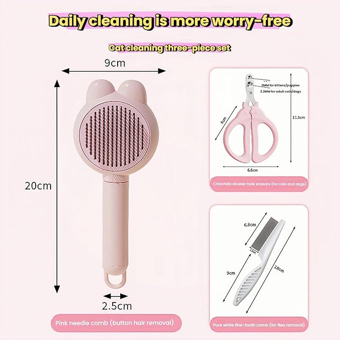 3-Set Self-Cleaning Pet Grooming Brush - Deshedding Tool for Dogs & Cats, Skin Friendly Hair Remover for Long & Short Haired Pets, Professional Dog & Cat Brush for Shedding Control(Pink)