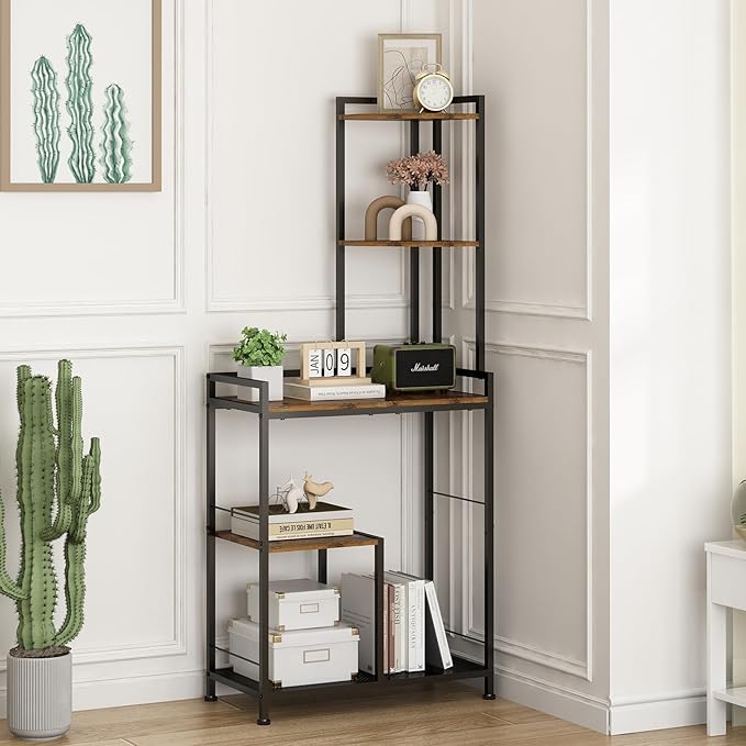GILLAS 5 Tier Corner Shelf Stand, Freestanding Corner Shelf Unit Bookshelf, Corner Table with Shelf, Tall Storage Organizer Rack for Living Room, Bedroom, Office. Small Space, Metal