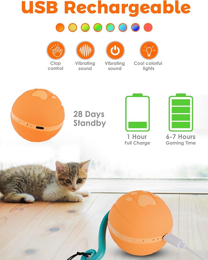 Interactive Cat Ball Toy for Bored Indoor Kitten, Automatic Moving Cat Ball with 4 Feather & LED Flash Lights, Smart Sound and Touch Control, USB-C Rechargeable
