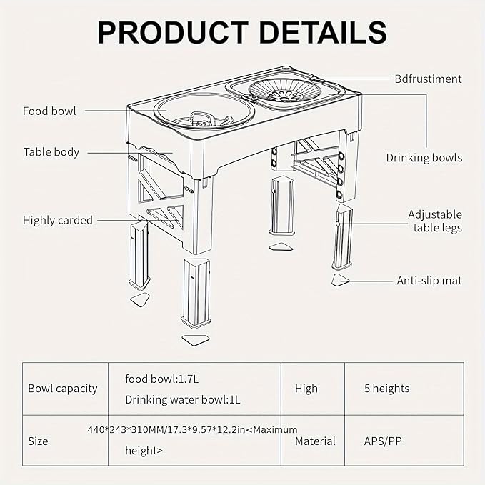 Kaiyue 2-in-1 Elevated Slow Feeder Dog Bowls Stand with No Spill Water Bowl, 5 Height Adjustable Raised Dog Bowls ,Non-Skid Pet Food Feeding Set for Small to Large Dogs