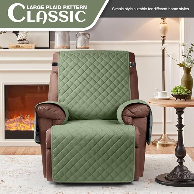 KinCam 100% Waterproof Recliner Chair Cover, Reclining Couch Covers for Pets, Dogs, Recliner Couch Slipcover Furniture Protector with Elastic Straps for Kids(30", Cactus Green)