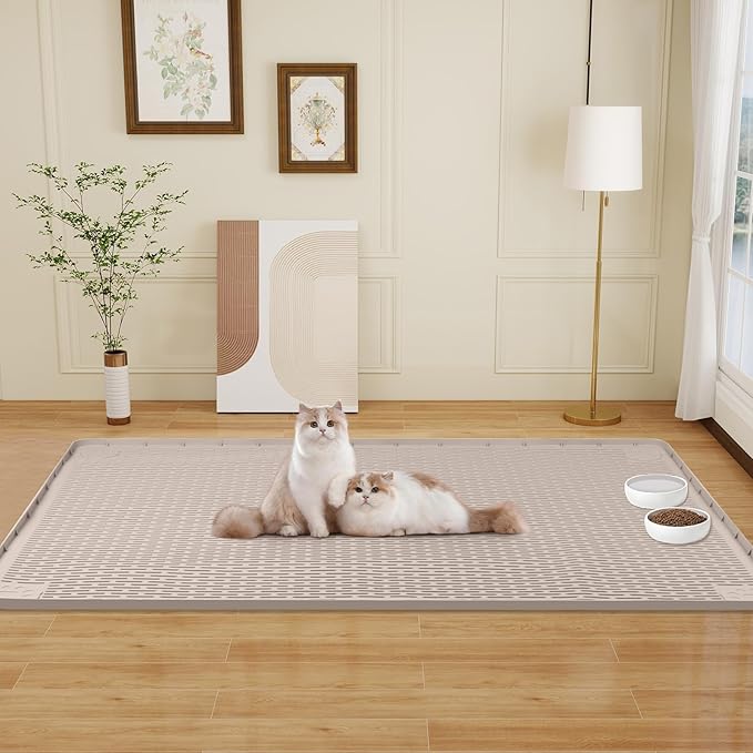 Cat Food Mat, 50" x 35" Extra Large Silicone Pet Feeding Mat with Raised Edge Pet Placemat for Food and Water Bowl Non-Slip, Easy to Clean, Floor Protection (Khaki)