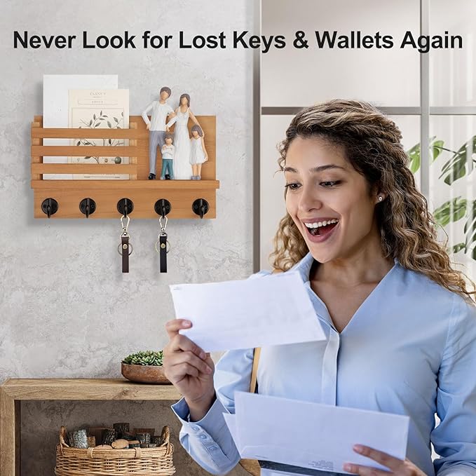 Key Holder for Wall – Decorative Wooden Mail Holder and Key Shelf with Mounting Hardware, Installation Guide – Paulownia Wood with 5 Metal Key Hooks (11.8” x 6.7” x 2.8”) (Light Brown)