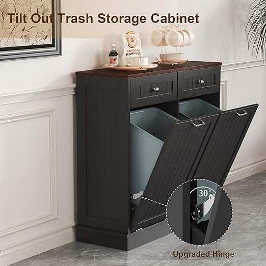Tilt Out Trash Can Cabinet Dog Proof with Double Wood Hidden Trash Can Holder, Kitchen Free Standing Recycling Cabinet(Black)