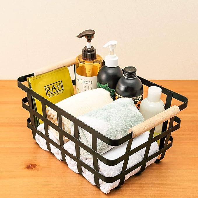 4 Packs Large Metal Storage Baskets,Farmhouse Baskets,Matte Black Pantry Organizer Baskets with Wood Handle, Metal Baskets Bins for Kitchen Pantry Shelf Cabinets