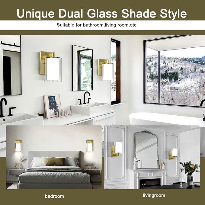 Kalium Bathroom Wall Sconces Set of Two Gold Double Clear Glass Shade Modern Vanity Lights Indoor Farmhouse Wall Light for Bedroom Living Room Hallway Bulb E26 Base (Bulbs Not Included)