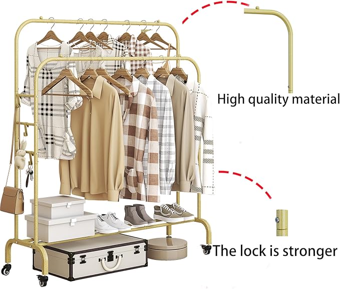 SUOERNUO Garment Rack with Wheels Clothing Rack for Hanging Clothes Multi-functional Bedroom Clothes Rack,Gold+Double Rods