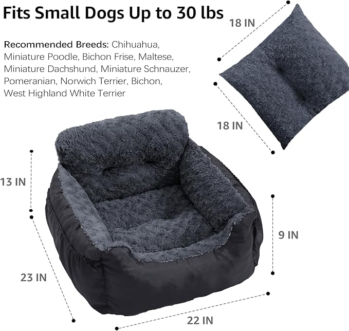 Dog Car Seat for Small Dogs,Washable Pet Booster Seats with Clip-On Safty Leash, Comfy Deluxe Plush Carseat with Storage Pockets, Puppy Car Travel Carrier Bed for Dogs Under 25 lbs, Black