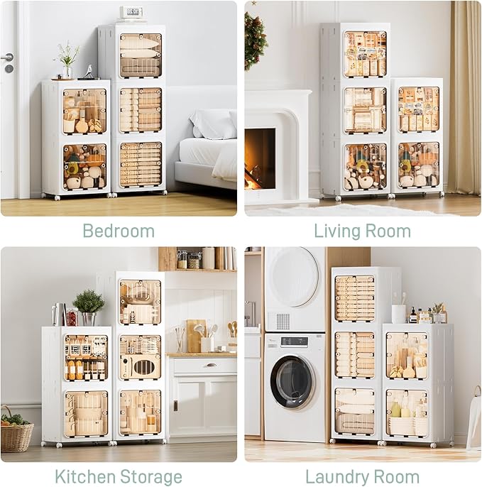 JEKO&JEKO 315 Qt Expanded Bathroom Storage Cabinet, 3-Tier Tall Cabinet Organizer with Wheels, Foldable Plastic Storage Bin for Kitchen, Laundry Room or Home, White