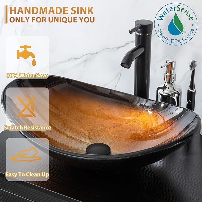 eclife 72" Modern Bathroom Vanity Sink Combo Freestanding Cabinet with Small Side Cabinet, Brown Boat Glass Vessel Sink, Water Save Faucet, Drain (Black+A29BR)