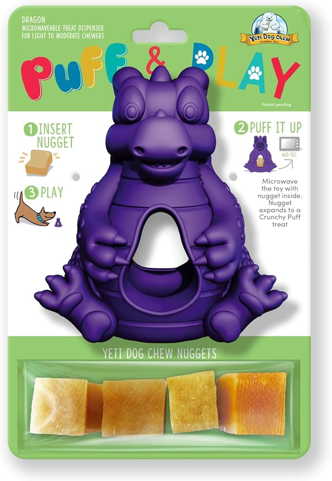 Yeti Dog Chew Puff and Play Interactive Dog Toys, Nuggets Dog Treat Dispenser Teething, Behavior Training for Light to Moderate Chewers, (Purple - Dragon)