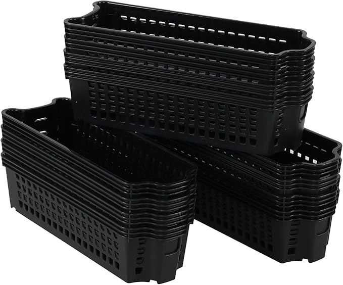 12 Pack Plastic Slim Storage Basket, 10.43" x 3.74" x 2.55" Small Stackable Plastic Storage Baskets, Black