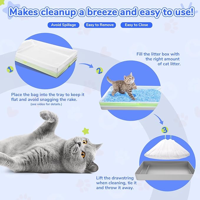 54 Count Cat Litter Liners for Pet Scoop free Litter Tray, Open/Hooded Litter Pan, Pull-out Litter Box Sliding Drawer, Drawstring Pet Waste Bags Heavy Duty - Tear & Leak Resistant, 37x12.5"