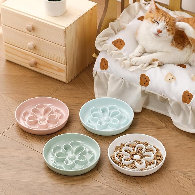 Melamine Cat Slow Feeder Bowl - Floral Maze Cat Food Dish - Flat Plate for Dry & Wet Food - Cute Kitten Bowl - Dishwasher Safe - 6.3'' W x 1'' H - 5.5 oz (160g) - Pink