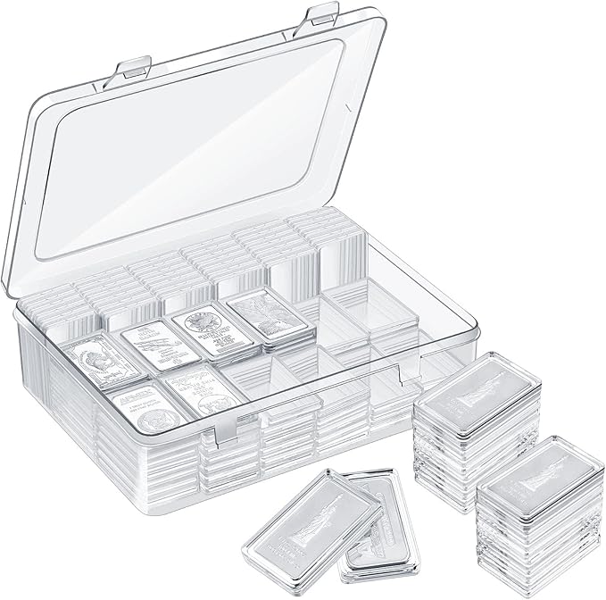 Batiyeer 50 Pcs 1 oz Silver Bar Case Holder Clear Acrylic Bar Capsule Storage Container for 1 Ounce Holder with Plastic Storage Box for Collectors Investors