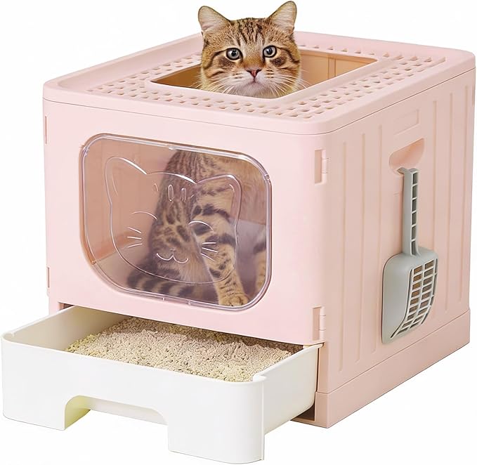 Cat Litter Box with Scoop, Large Foldable Litter Box with Lid & Drawer Tray, Front Visible Entry Top Exit Kitty Box, Odor Control, Easy to Clean