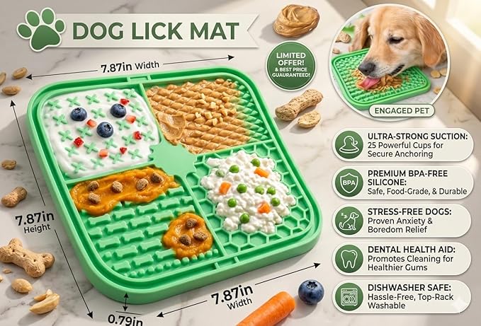Lick Mat for Dogs and Cats, Food Grade Silicone Slow Feeder Mat with Strong Suction for Grooming, Bathing and Anxiety Relief, BPA-Free Pet Feeding Mat for Dental Care