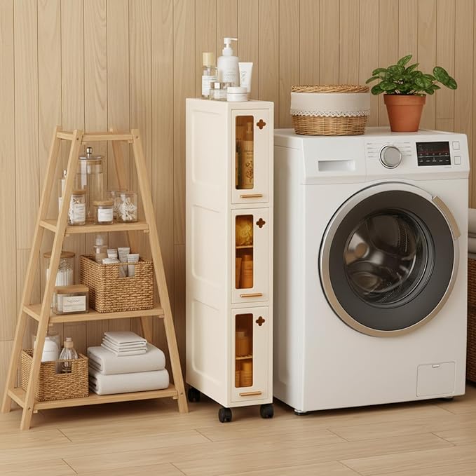 Weysat Narrow Bathroom Storage Cabinet with Wheels Slim Storage Organizer with Transparent Doors and Shelves for Small Space, Kitchen, Bathroom, Laundry Room(3 Tiers)