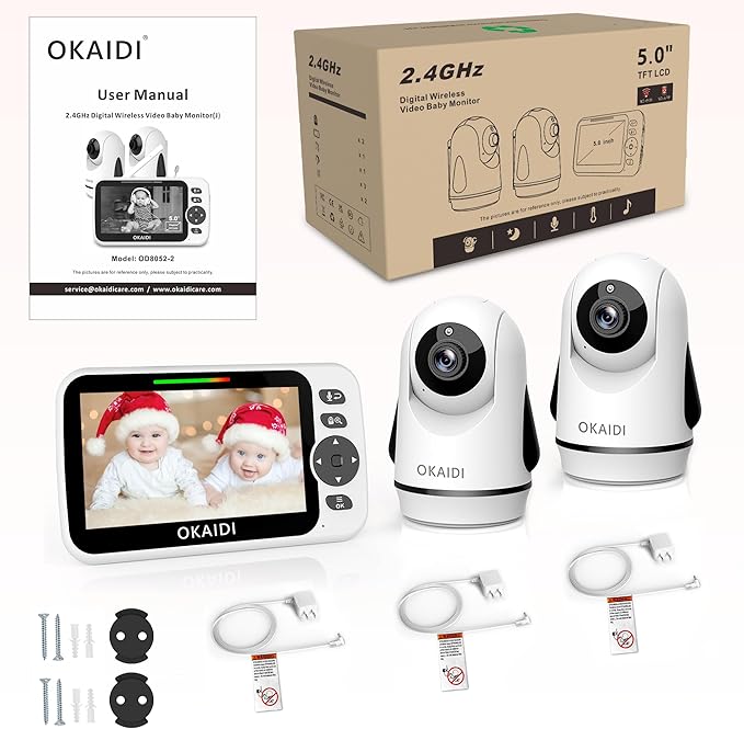 OKAIDI Video Baby Monitor with 2 Cameras, 5" Display Baby Monitor No WiFi, 30H Battery and 1000ft Range, Remote Pan-Tilt-Zoom Baby Camera, 2-Way Talk, 8 Lullabies, for Baby Pet Elderly