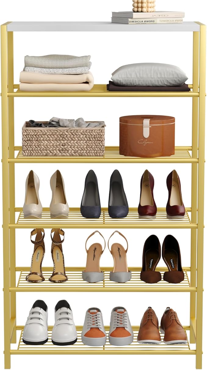 HOMEFORT Shoe Rack 6-Tier, Shoe Storage Shelf, Industrial Shoe Tower, Narrow Shoe Organizer for Closet Entryway, Small Shoe Rack Table with Durable Metal Shelves,Gold