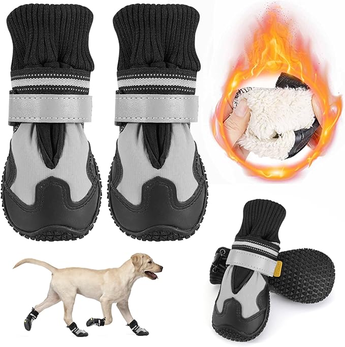 Lukovee Dog Shoes - Waterproof Warm Fleece Lined Dog Booties for Small Medium Large Dogs, Non-Slip Adjustable Dog Boot for Winter Cold Weather (HX,Size 4)