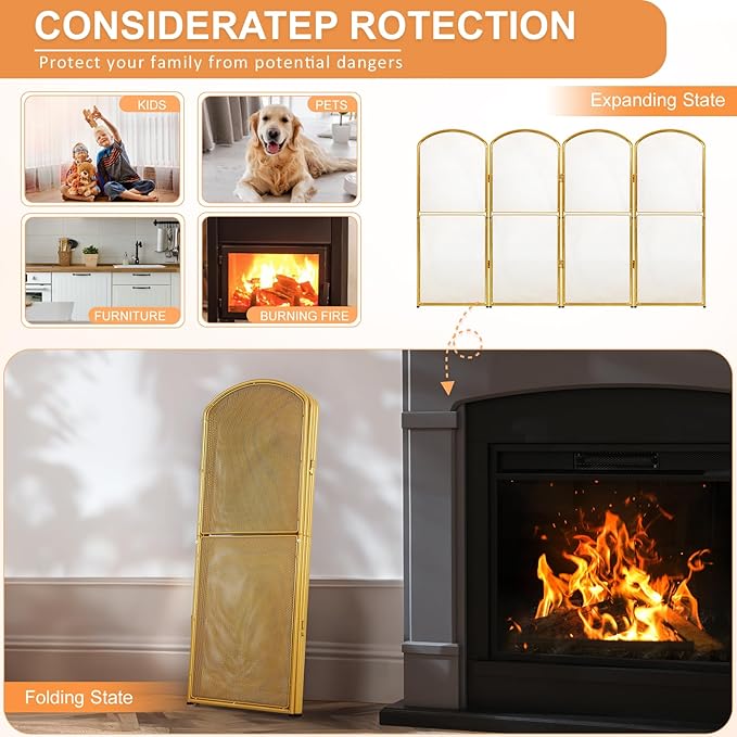 4-Panel Gold Fireplace Screen,47.8" W x 31" H,Foldable Fire Spark Guard with Wrought Metal Mesh,Modern Decorative Fire Place Gate for Living Room,Baby and Pet Proof,Home Decor,Easy Assembly