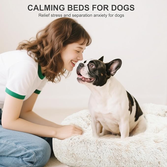 JOYELF Donut Dog Bed Cat Bed for Medium Dogs, Calming Pet Bed Ultra Soft Faux Fur Cuddler Round Self Warming Sleeping Bed for Dogs and Cats