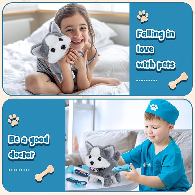 22Pcs Dog Toys for Kids Vet Doctor Kit,Walking Barking Electronic Interactive Husky Dog Toy,Veterinarian Playset for Kids,Pretend Play Birthday Gift Preschool Toy for Boys Toddlers 3 4 5 6+