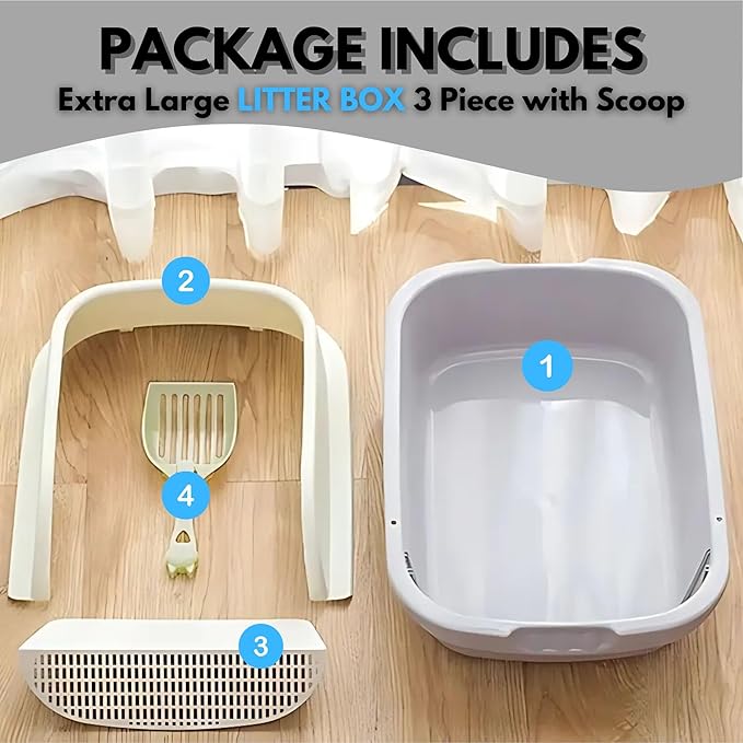 Large Open-Top Cat Litter Box with High Sides, Enclosed Scatter Shield Design, Easy Clean Plastic Litter Pan, Includes Scoop (Grey)