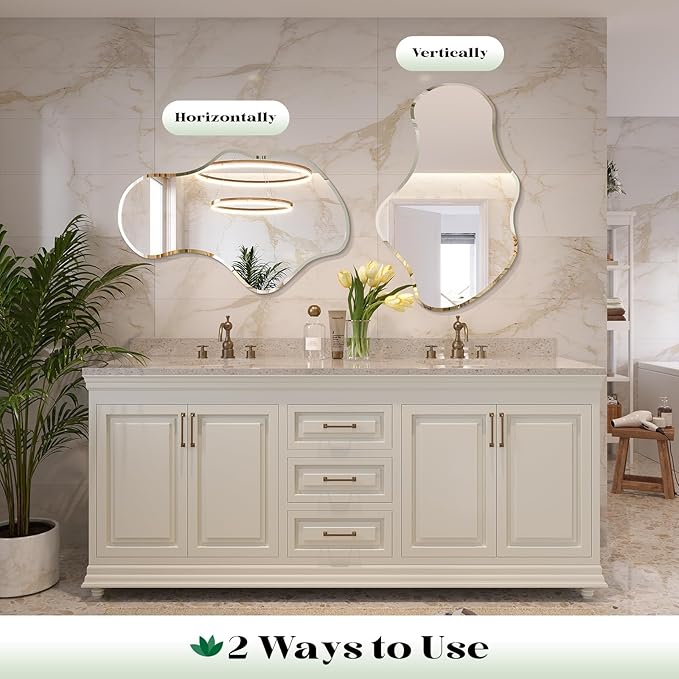 Irregular Wall Mirror, 26”x46” Frameless Asymmetrical Mirror, Beveled Frameless Funky Wavy Wall Mirrors for Entry Way Modern Bathroom Bedroom Living Room