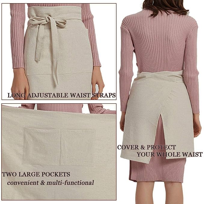 Cityelf Linen Server Apron Cotton Bistro Half Apron with Large Pockets Waist Kitchen Apron for Cooking Waitress