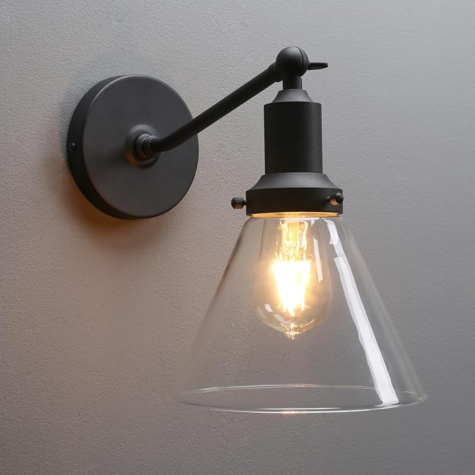 PERMO Industrial Vintage Slope Pole Wall Mount Single Sconce with Funnel Flared Clear Glass Shade Wall Sconce Light Lamp Fixture (Matte Black)