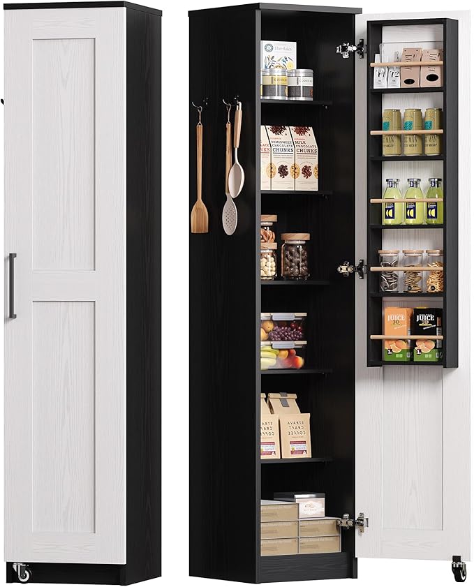 IRONCK Small Kitchen Pantry Cabinet 72" for Narrow Space, with Single Door and Adjustable Shelves, Freestanding Tall Storage Cabinet for Living Room, Bathroom, Black and White