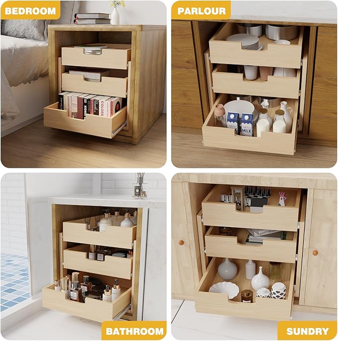 Pull Out Cabinet Organizer, 17''W×21''D×19''H Soft Close Slide Out Wooden Pull out Drawers, Three Tier Slide out Wood Cabinet Organizer, for Base Cabinet Organization in Kitchen, Pantry, Bathroom