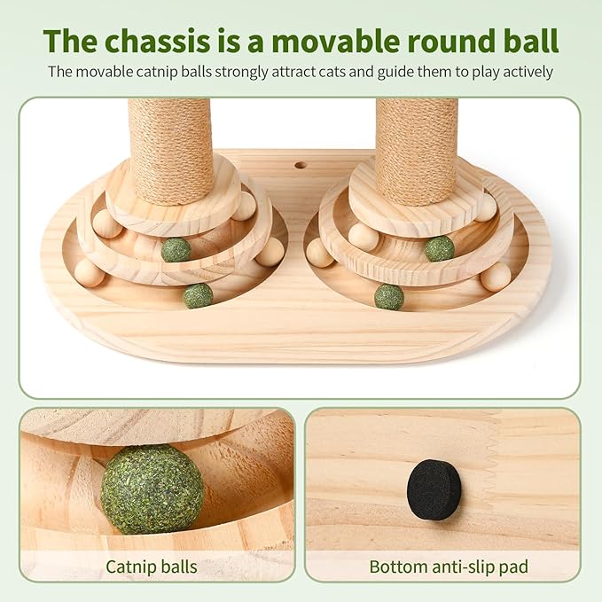 Fun Cat Tree Tower 23" Tall, 4-in-1 Interactive Cat Scratching Post with Sisal Scratcher, Trackball Chaser Toys & Dangling Plush Balls, Vertical Play Focused Cat Furniture for Indoor Kittens
