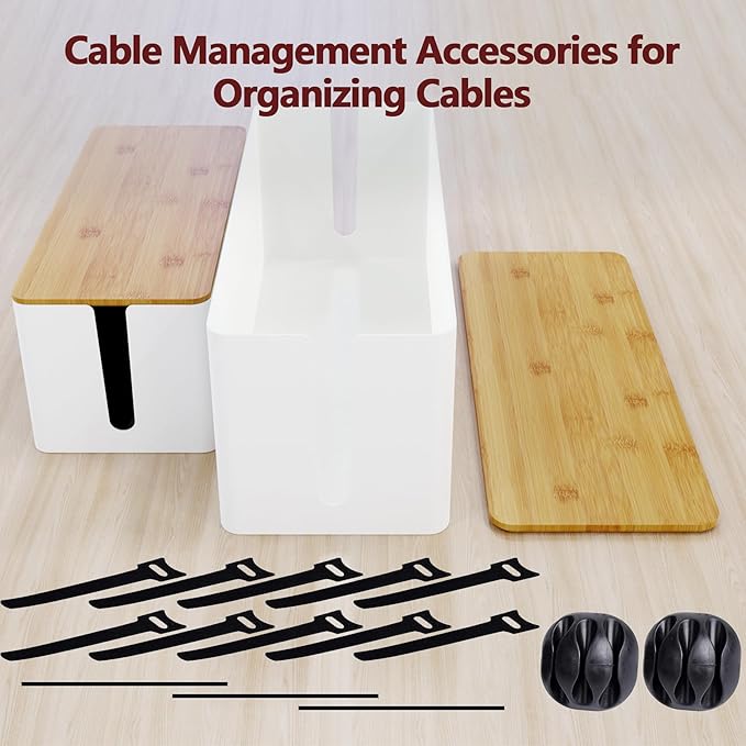 Cable Management Box,2 Pack Wooden Style Large Cable Organizer Box for Office and Home,Cable Organizer Box with Proof Lock for Baby-Pets,Wood Lid(White,2 Pack