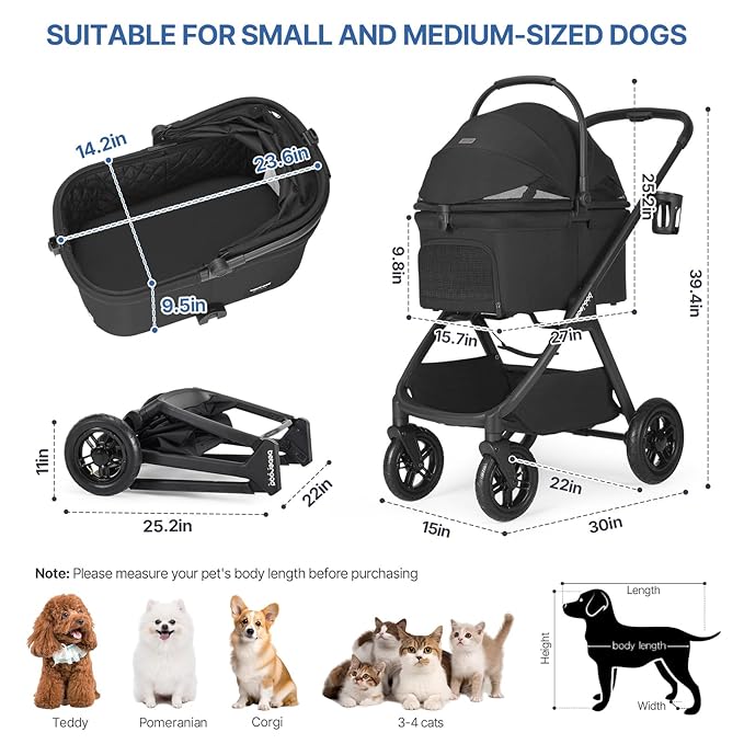 X-5 Luxury Pet Stroller for Medium Dog Under 55lbs or 2 Small Dogs & Cats, One-Touch Folding, Adjustable Handle and Detachable Carrier (Inflatable-Wheels Black)