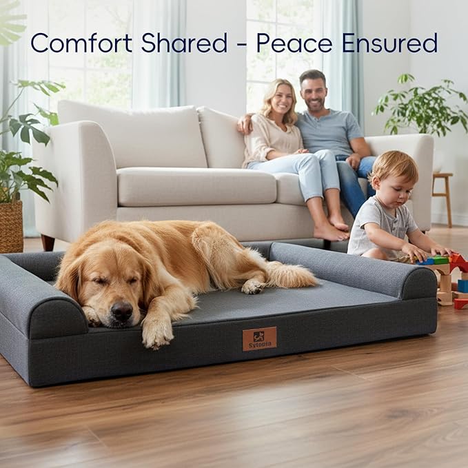 Sytopia Orthopedic Sofa Dog Bed for Extra Large Dogs 42x30 Inch, Waterproof Foam XL Pet Couch Bed with Sides, Non-Slip Egg-Crate Foam Large Dog Bed with Washable Removable Cover, Dark Grey