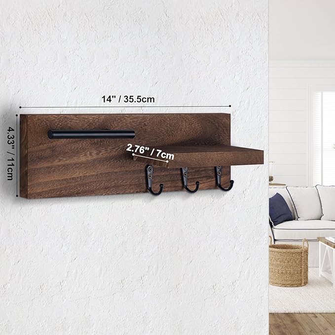 Key Holder for Wall, Decorative Entryway Shelf with Hooks Holds Keys, Dog Leash, Sunglasses – Key Hanger with 3 Hooks Organizes, Enhances Home Decor (15” x 4.5” x 2.6”) (Brown)