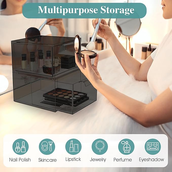 4 Pack Stackable Makeup Organizer and Storage, Acrylic Organizers,Clear Plastic Storage Drawer with Pull-Out Handles for Vanity, Undersink, Kitchen Cabinets, Pantry, Black