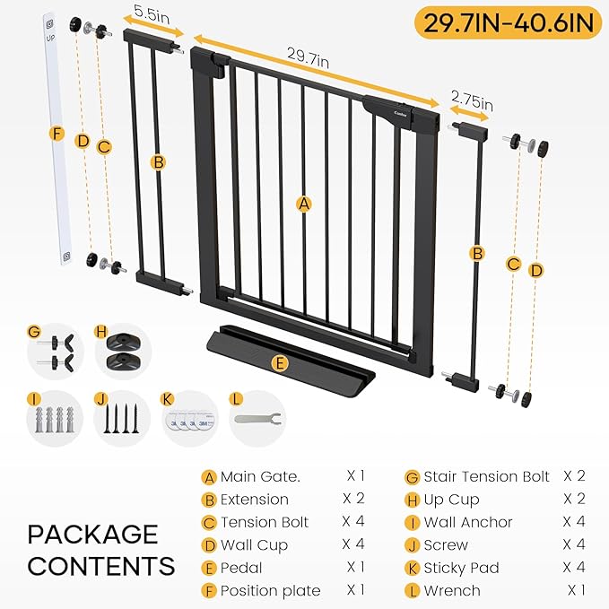 Cumbor 2 Pack 29.7-40.6" Baby Gate for Stairs, Mom's Choice Awards Winner-Auto Close Dog Gate for doorways, Pressure Mounted Pet Gates Indoor, Easy Walk Thru Wide Safety Child Gate for Dog, Black