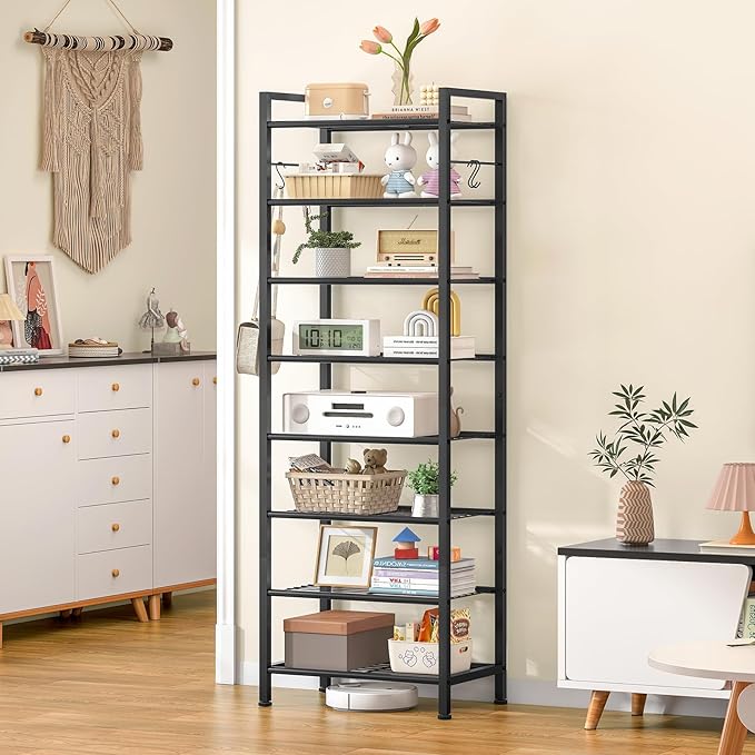 usikey 8 Tiers Narrow Shoe Rack 16-24 Pairs, Sturdy Metal Tall Shoe Rack with 4 Hooks, Slim Shoe Storage Organizer with Metal Shelf, Space Saving Vertical Shoe Shelf for Entryway Black UNYXJX016H