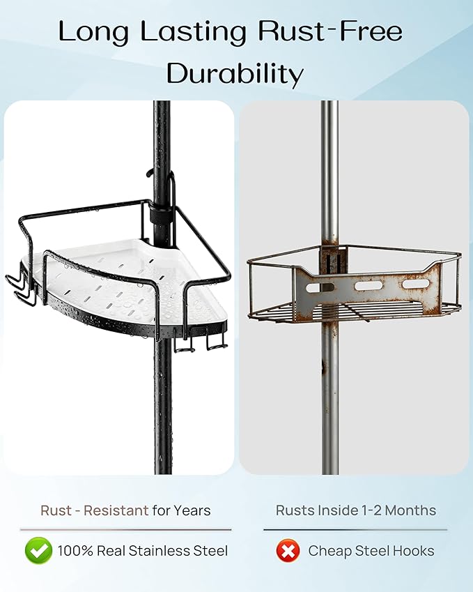 ALLZONE Corner Shower Caddy Tension Pole, 4 Repositionable Hang-On Baskets with Mixed-Height Shelves for Various Bottle Sizes, 4 Dual Hooks & Soap Holder, Rustproof Stainless Steel, Fits 34–116 Inch